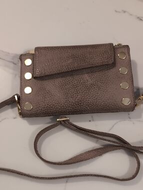 Hammitt Taupe Pebbled Leather Crossbody Wallet with Gold Accent Studs